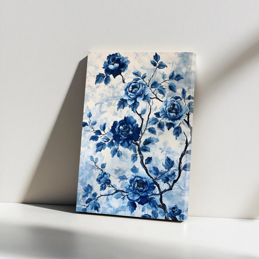Blue Chinoiserie Floral Canvas Wall Art | Indigo Rose Botanical Branch | Gallery Wrap Premium Print | Elegant Home Decor for Living Room Bedroom