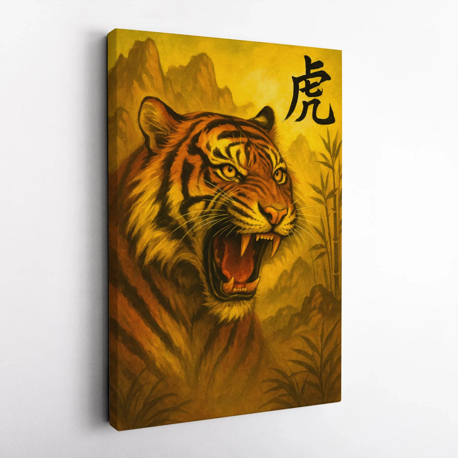 Roaring Tiger Wall Art | Asian Chinese Character Painting | Premium Gallery-Wrapped Canvas | Wildlife Home Decor Gift for Animal Lovers