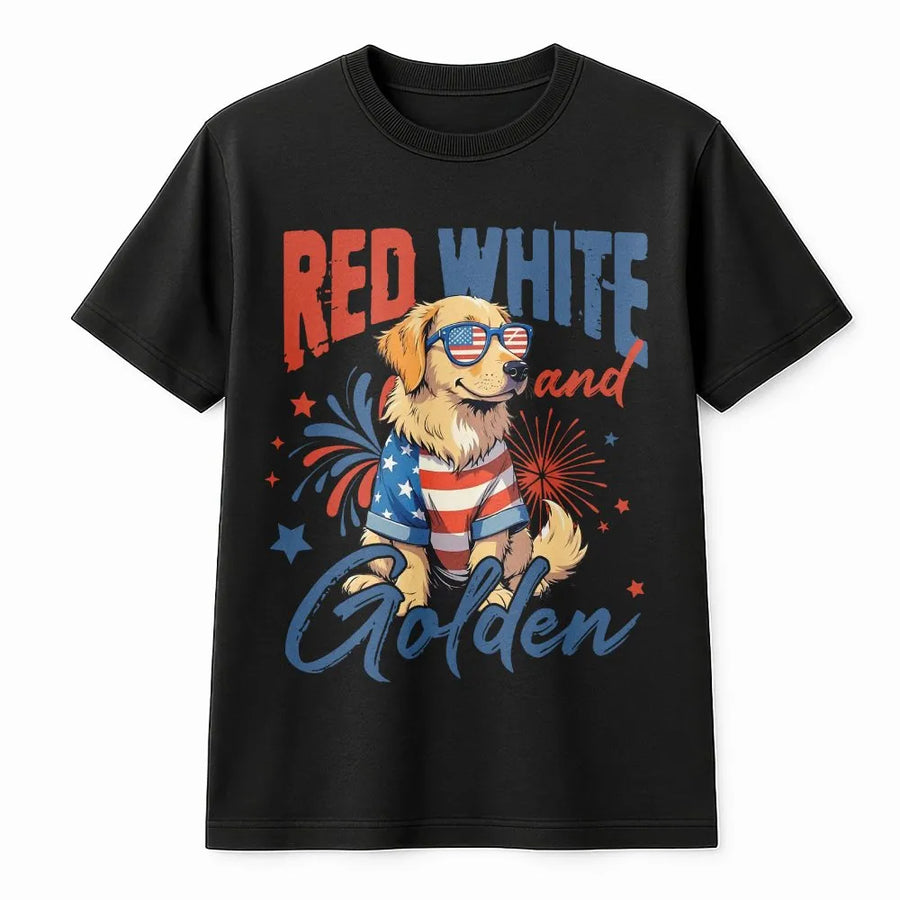 Red White and Golden T-Shirt | Patriotic Golden Retriever USA Flag Design | Soft Cotton Unisex Tee | Independence Day Gift for Dog Mom