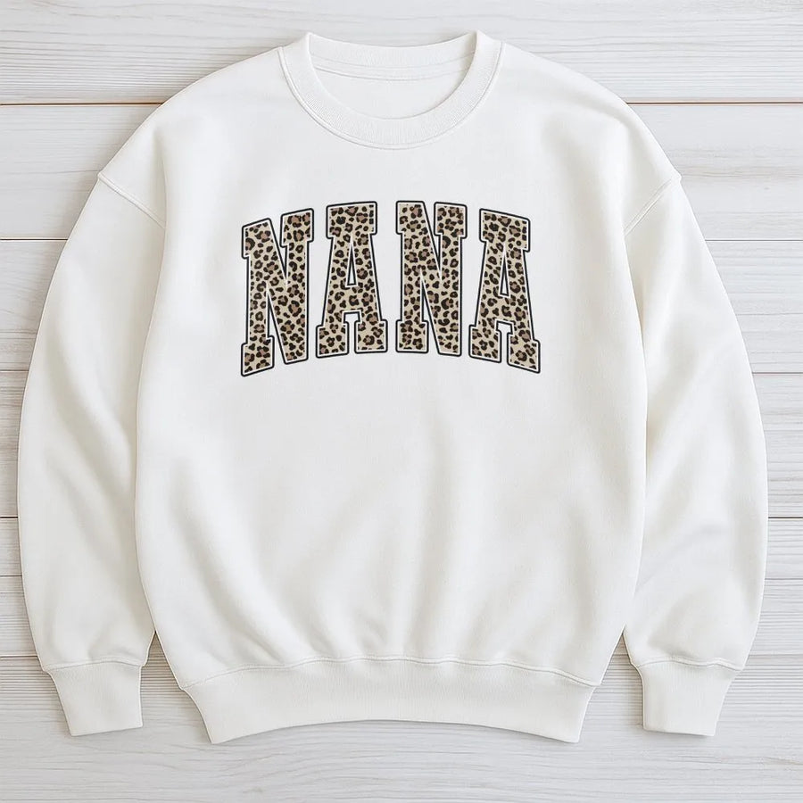 Leopard Nana Sweatshirt | Collegiate Varsity Font Graphic Tee | Soft Cotton | Unique Gift for Grandma