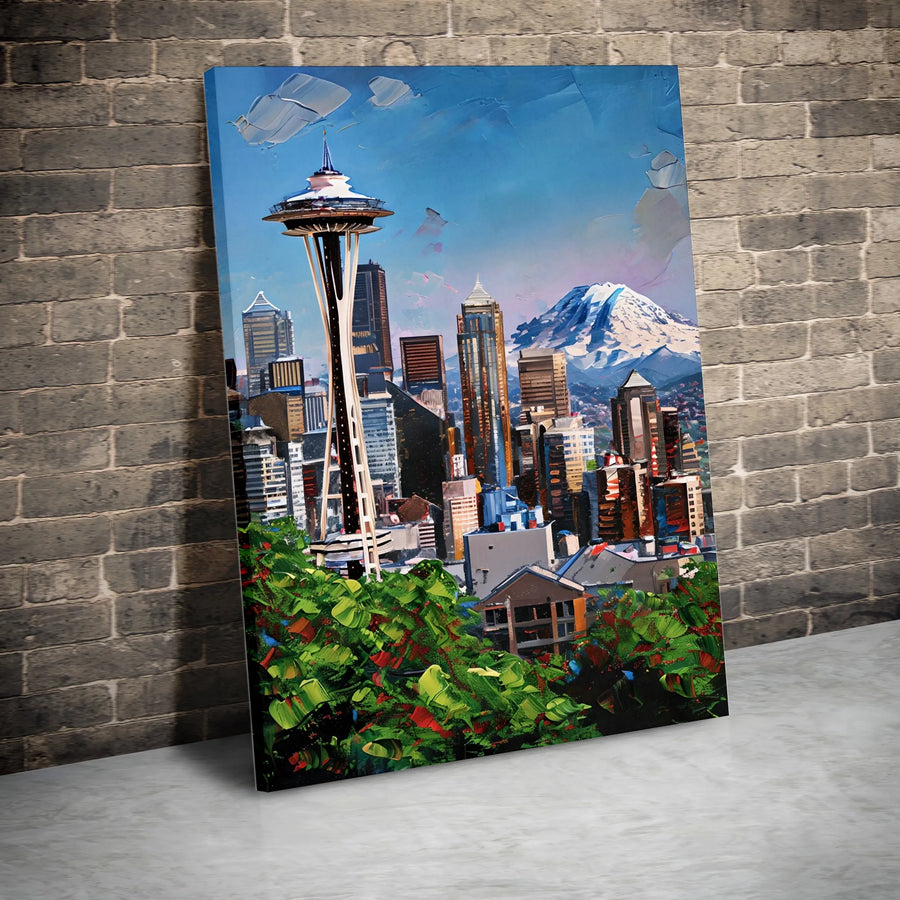 Seattle Skyline Vertical Canvas | Textured Palette Knife Art with Space Needle & Mt Rainier | Premium Gallery Wrap Canvas | Washington Home Decor Gift