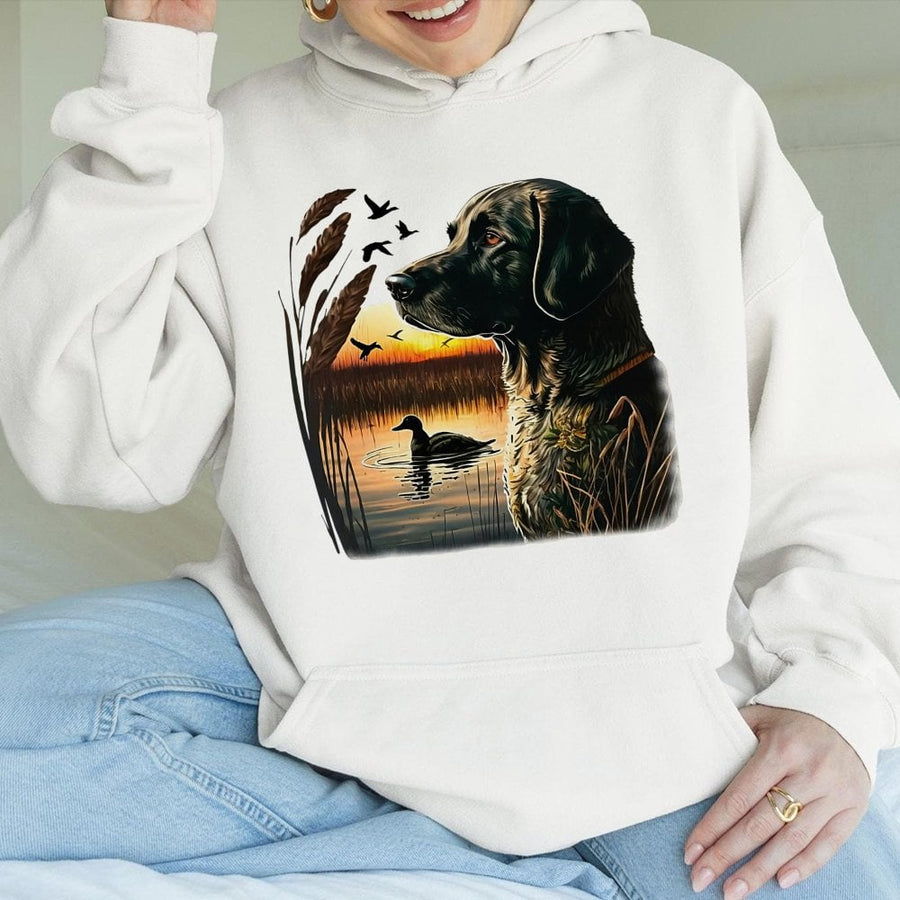 Hunting Dog Hoodie | Duck Hunting Sunset Graphic | Premium Cotton Blend | Gift for Outdoorsmen and Hunters