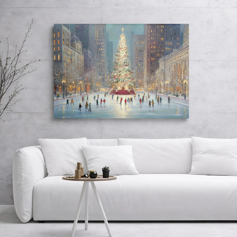 Winter Cityscape Canvas Art | Ice Skating Christmas Tree Print | 1.25 Inch Gallery Wrap Wall Decor | Festive Holiday Home Gift