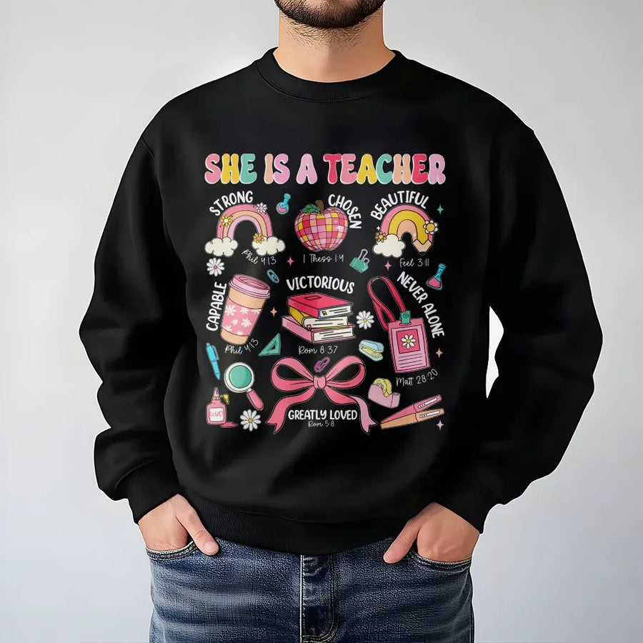Christian Teacher Sweatshirt | She Is A Teacher Retro Graphic | Soft Cotton Blend Pullover | Inspirational Gift for Educator, Back to School Apparel