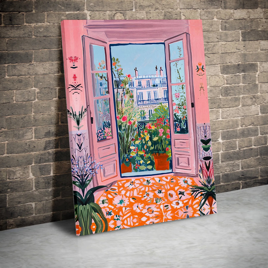 Parisian Balcony Canvas Wall Art | Pink Room Window Garden View | Gallery-Wrapped Premium Decor | Floral Home Aesthetic Gift for Art Lovers