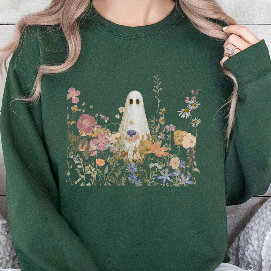 Cute Ghost Wildflower Sweatshirt | Aesthetic Floral Halloween Graphic | Soft Cotton Blend Unisex Pullover | Spooky Fall Gift for Women & Girls