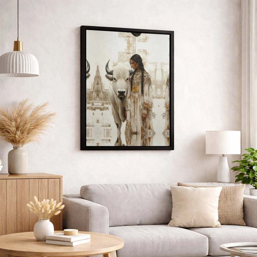 Native American Woman Wall Art | White Buffalo Spiritual Canvas | Gallery Quality Decor | Premium Cultural Home Gift