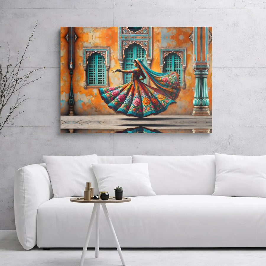 Indian Classical Dancer Canvas Wall Art | Vibrant Traditional Floral Lehengas | Premium 1.25 Inch Gallery Wrap | Cultural Home Decor Gift
