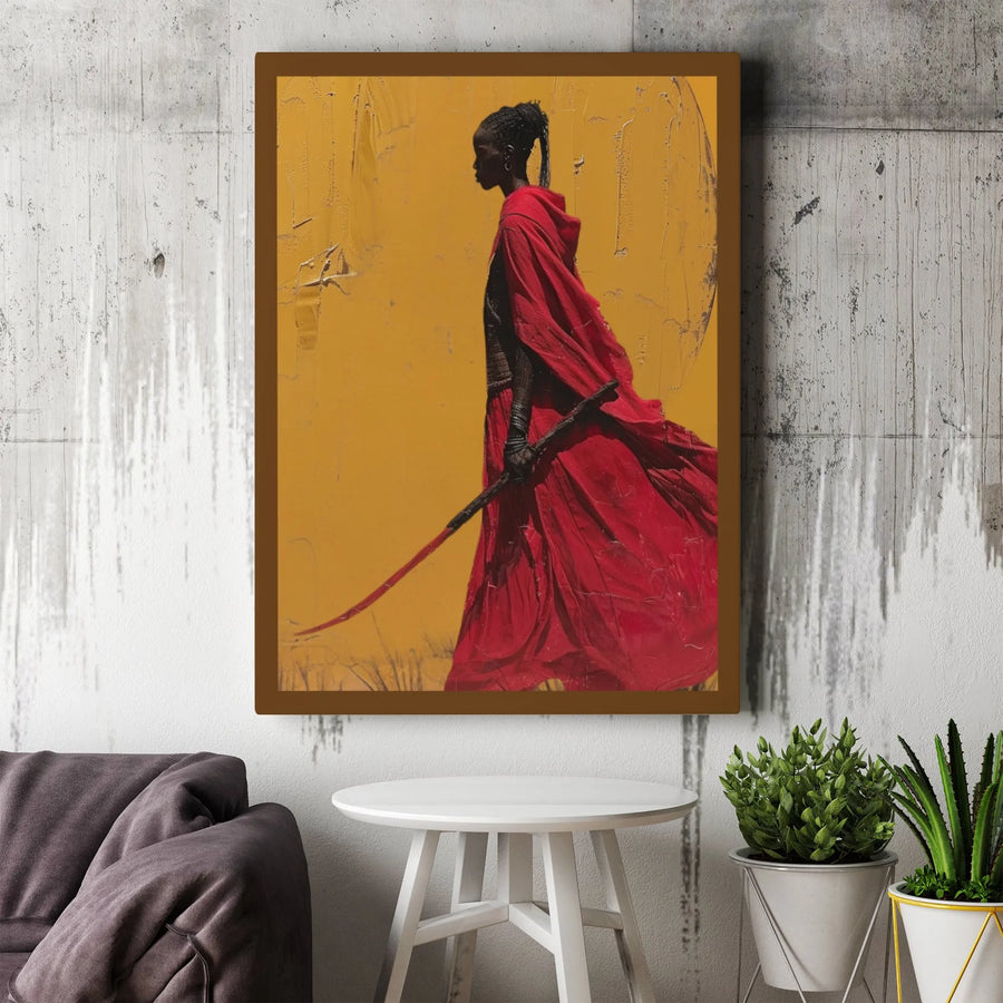 African Warrior Woman Canvas Wall Art | Red Robe Sword Fantasy Portrait | Gallery Wrap Premium Print | Empowering Home Office Decor Gift