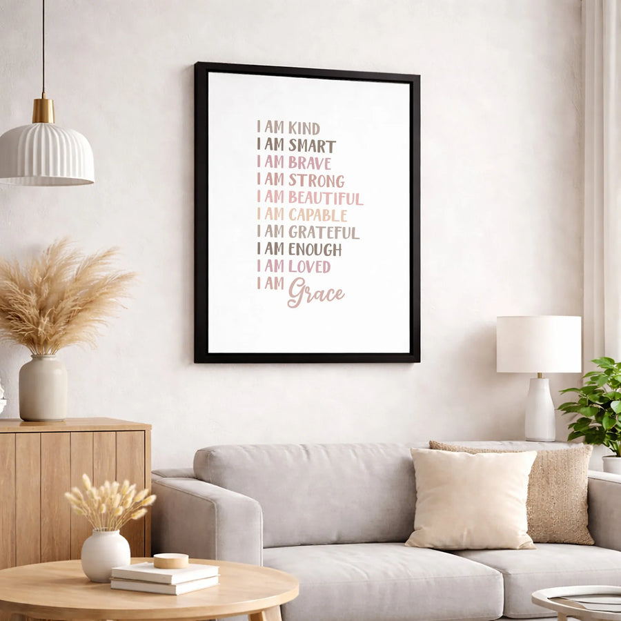 I Am Affirmation Wall Art | Inspirational Quotes Canvas Print | Premium Gallery Wrapped Decor | Motivational Gift for Her or Kids Room