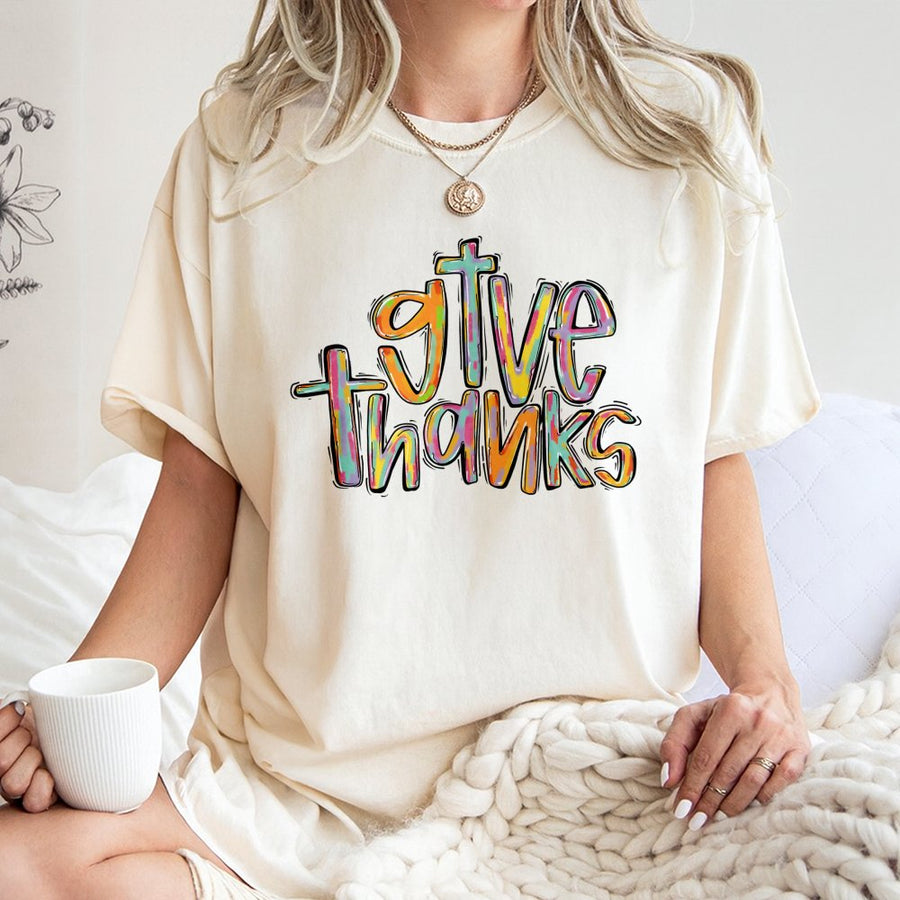 Give Thanks Cross T-Shirt | Colorful Brushstroke Faith Graphic | 100% Cotton Premium Tee | Christian Religious Gift for Women and Men