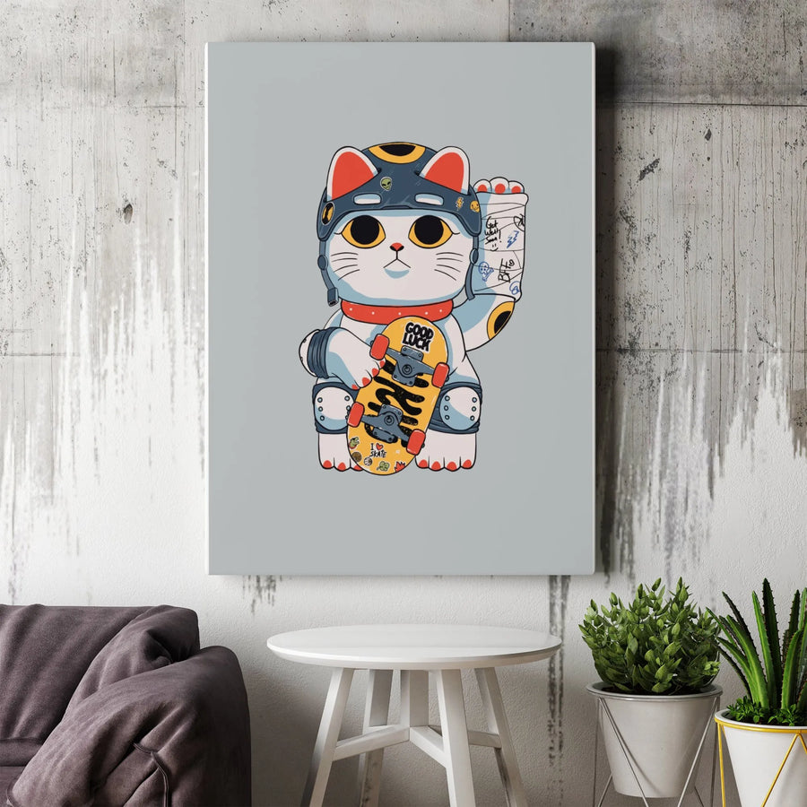 Unlucky Skater Cat Vertical Canvas | Cartoon Maneki Neko with Skateboard | Premium Gallery Wrap Wall Art | Unique Collector's Gift for Home Decor
