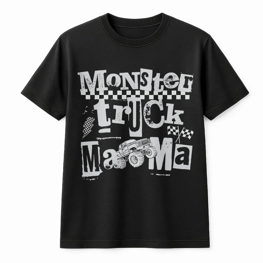 Monster Truck Mama Graphic T-Shirt | Distressed Racing Flag Design | Premium Soft Cotton | Funny Mom Birthday Gift For Racing Fans