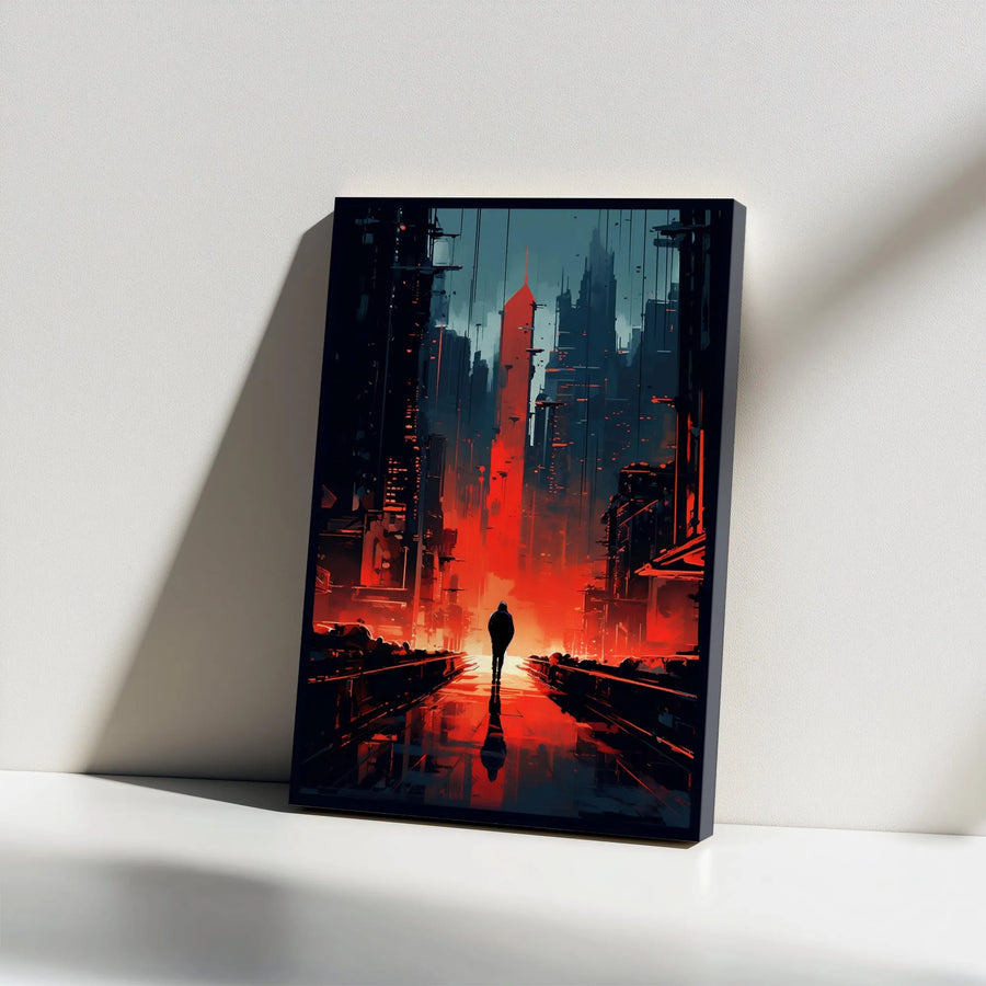 Cyberpunk City Wall Art | Futuristic Cityscape with Lone Figure | Premium Thick Gallery Canvas | Sci-Fi Gamer Room Decor Gift