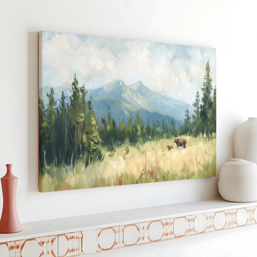 Mountain Bear Canvas Wall Art | Painterly Forest Landscape Print | Premium Gallery Quality Canvas | Gift for Nature Lover Rustic Cabin Decor