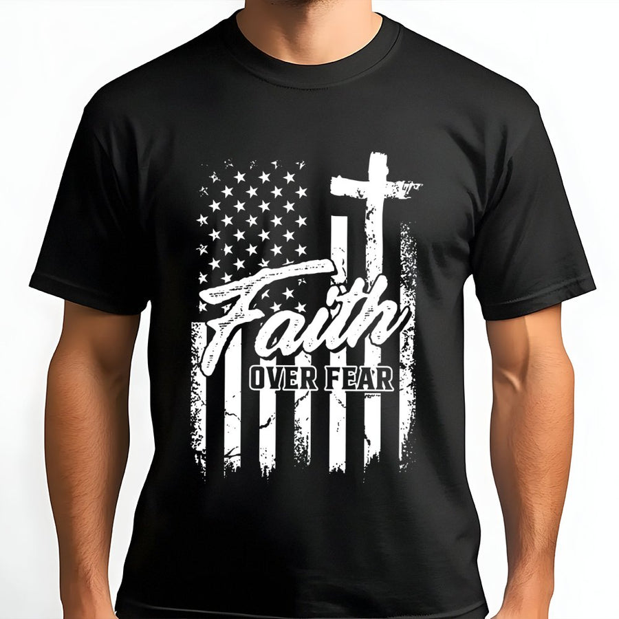 Faith Over Fear T-Shirt | Distressed American Flag Cross Graphic | Premium Cotton Unisex Tee | Patriotic Christian Gift for Men and Women