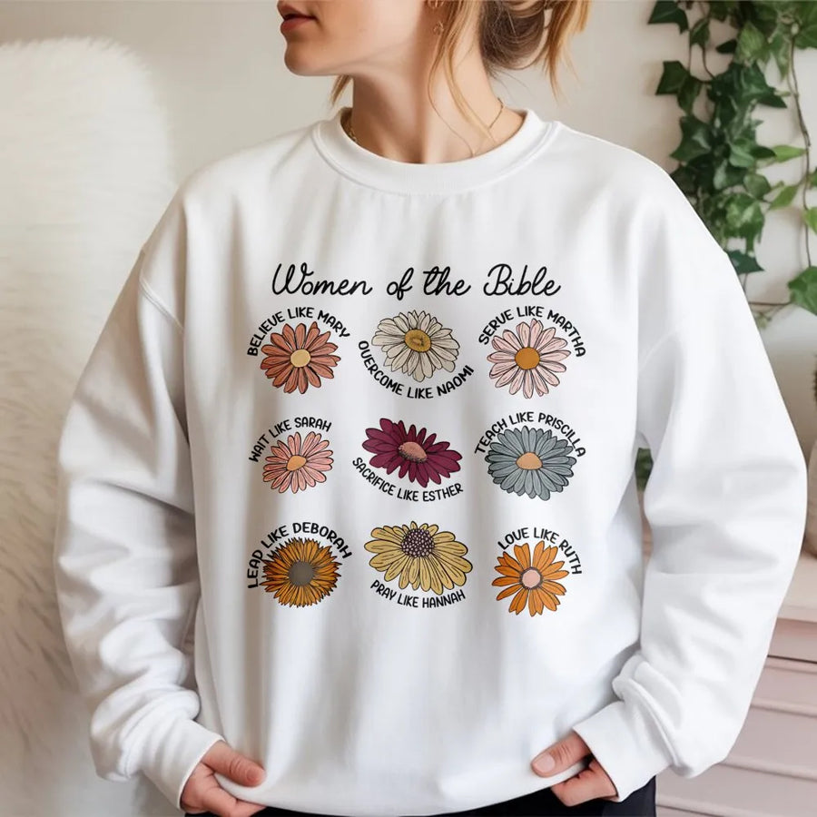 Women of the Bible Sweatshirt | Boho Daisy Floral Faith Design | Premium Cotton Blend Crewneck | Christian Religious Gift for Women