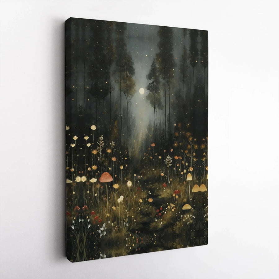 Enchanted Forest Canvas Wall Art | Whimsical Mushroom & Wildflower Design | Premium Fade-Resistant Print | Dark Cottagecore Home Decor Gift