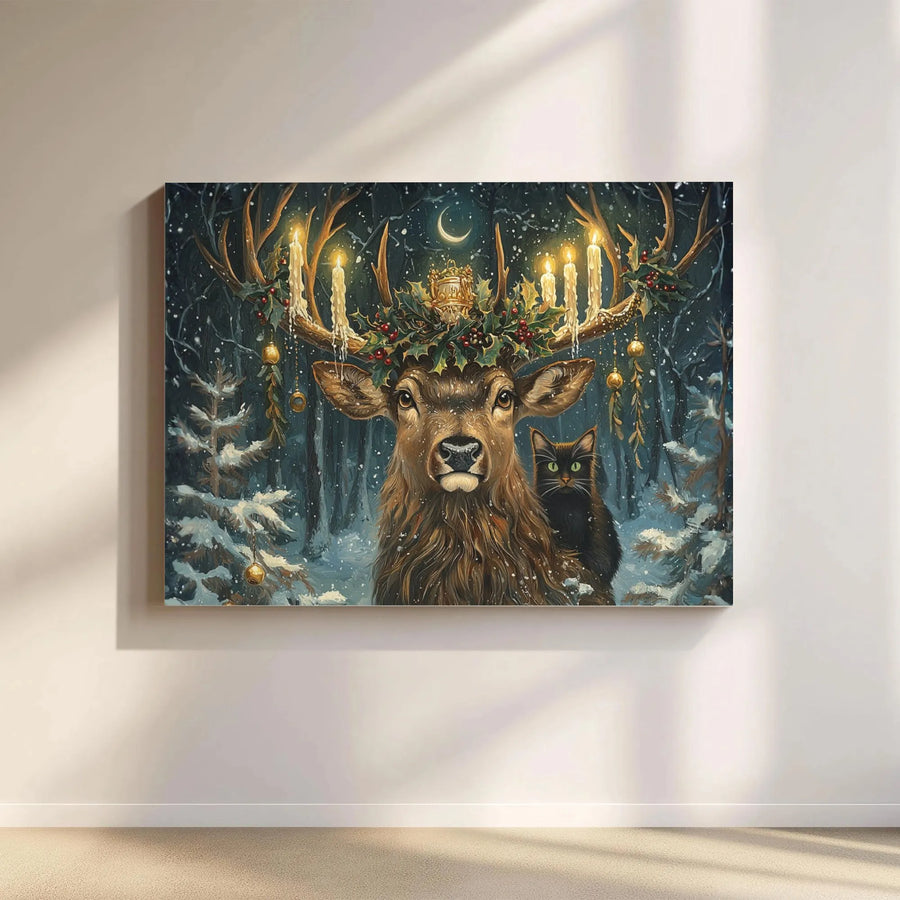 Christmas Stag Canvas Print | Winter Forest Cat Wall Art | Premium Gallery Wrap Decor | Festive Holiday Gift for Home