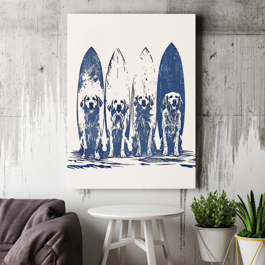Golden Retriever Canvas Art | Surfer Dog Block Print Decor | Gallery Quality 1.25 Inch Canvas | Coastal Beach House Wall Art Gift
