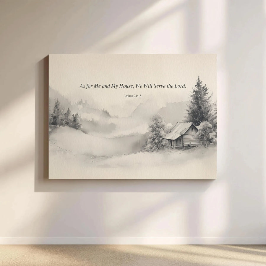 As for Me and My House Canvas Wall Art | Joshua 24:15 Scripture Print with Rustic Cabin Sketch | Premium Christian Family Home Decor Gift