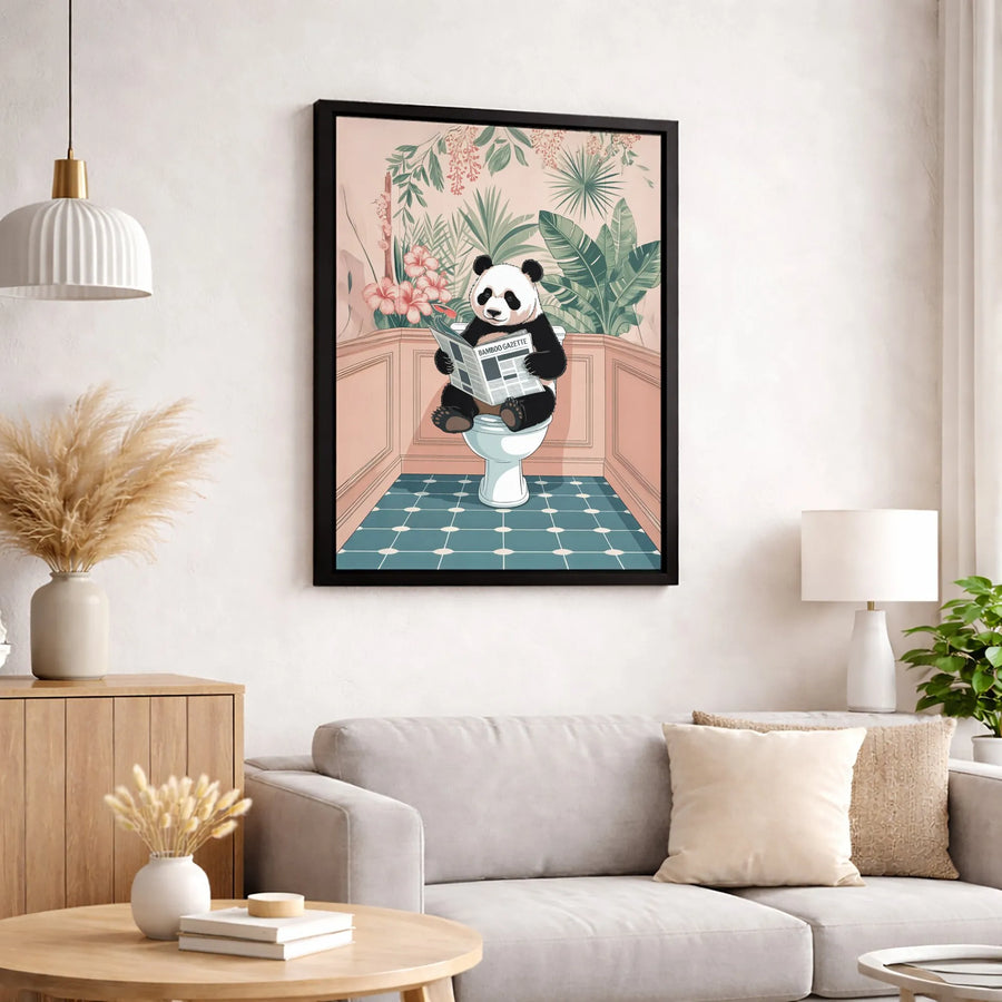 Funny Panda Reading Newspaper Wall Art | Bathroom Decor Tropical Print | Premium 1.25 Inch Canvas | Humorous Home Interior Gift