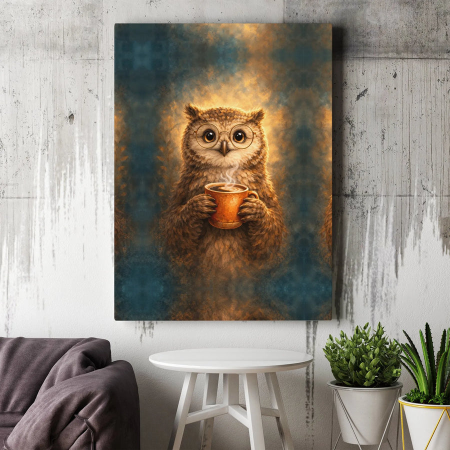 Coffee Loving Owl Canvas Wall Art | Whimsical Animal Painting with Glasses | Premium Gallery Wrapped Art | Gift for Coffee Lover, Kitchen & Cafe Decor