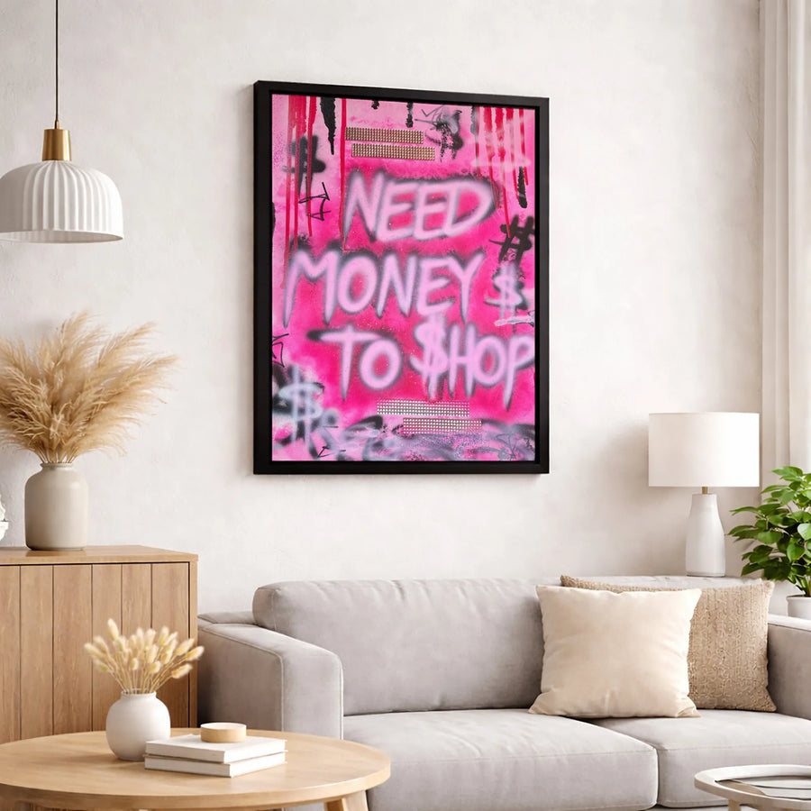 Need Money To Shop Graffiti Canvas Art | Pink Street Style Wall Decor | Premium 1.25 Inch Gallery Wrap | Trendy Aesthetic Gift For Fashionistas