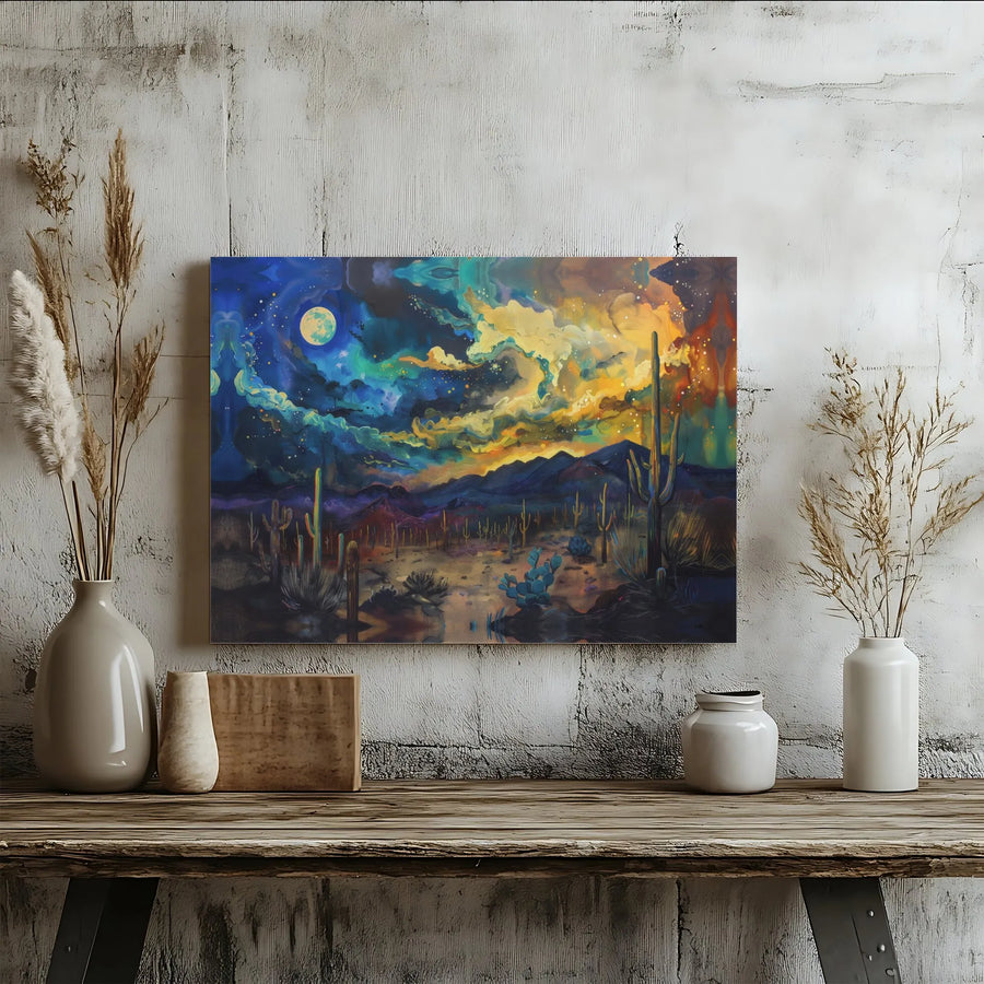 Surreal Desert Landscape Canvas Art | Vibrant Saguaro Cactus Night Sky Print | 1.25" Premium Gallery Wrap | Southwest Home Decor Wall Accent