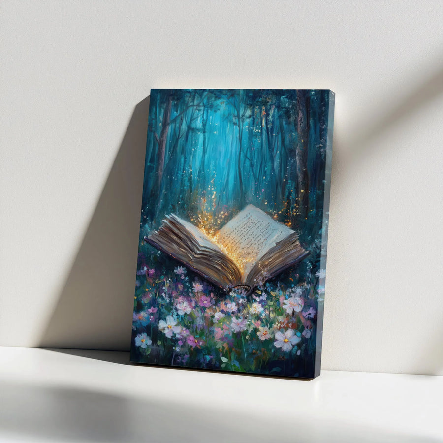 Enchanted Forest Wall Art | Magical Glowing Book In Wildflowers | Premium Gallery Wrap Canvas | Fantasy Decor Gift For Book Lovers