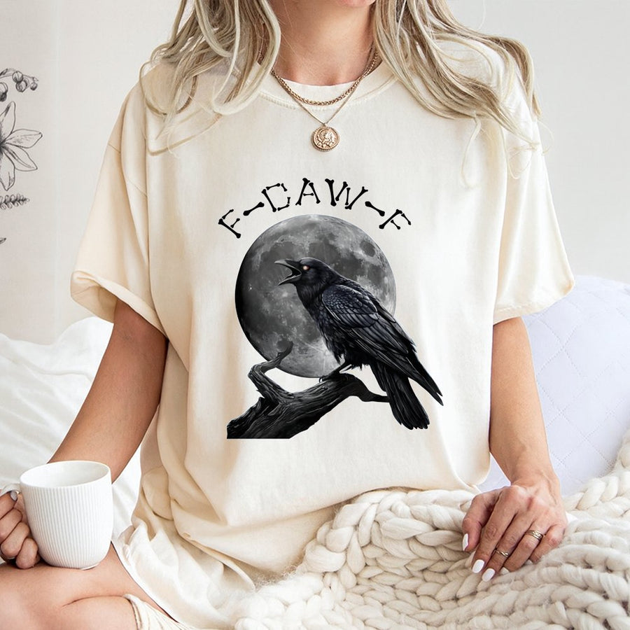 Crow Moon Graphic T-Shirt | F-Caw-F Funny Bird Pun | 100% Cotton Premium Tee | Gothic Birdwatcher Gift for Men and Women