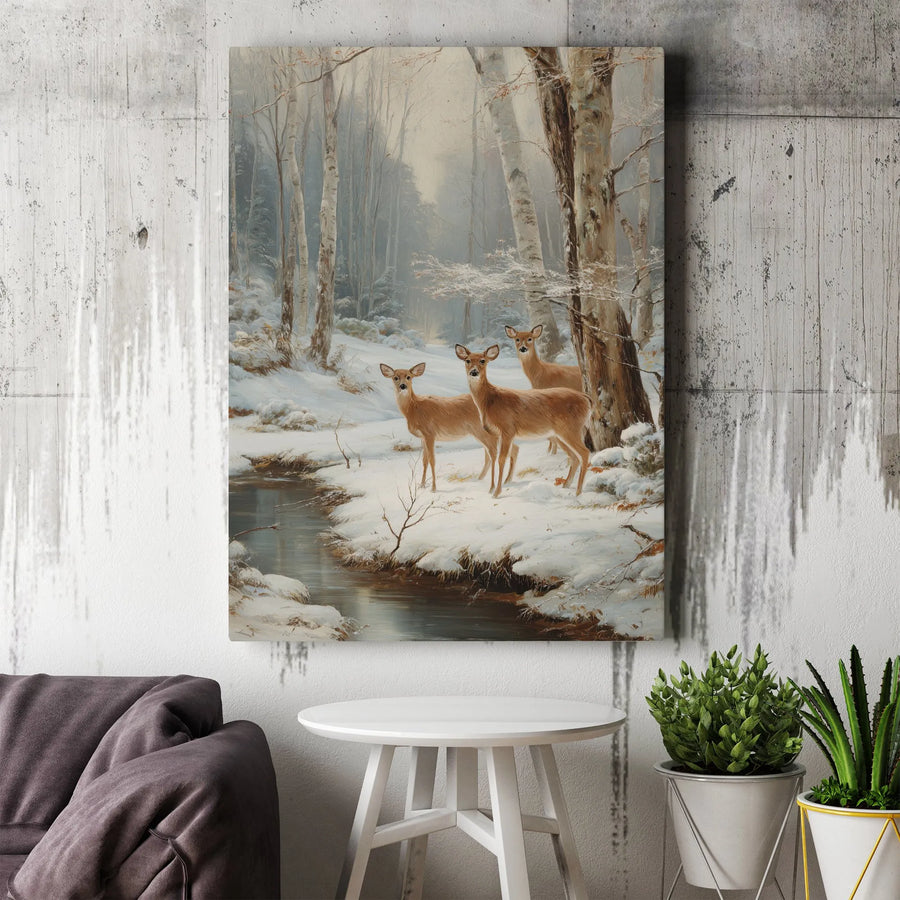 Three Deer In Snowy Forest Canvas | Winter Wildlife Wall Art | Gallery Quality 1.25 Inch Thick Profile | Nature Lover Home Decor Gift
