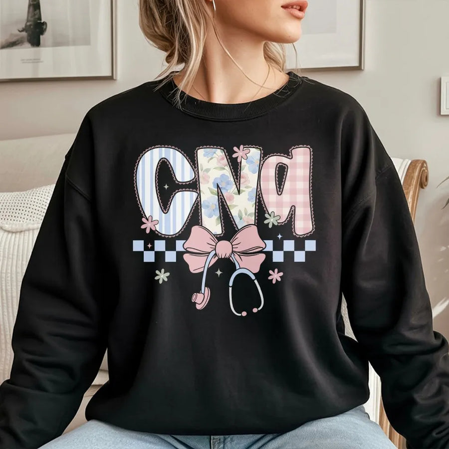 CNA Nurse Sweatshirt | Coquette Floral Stethoscope Bow Graphic | Soft Cotton Blend | Nurses Week Appreciation Gift for Certified Nursing Assistant