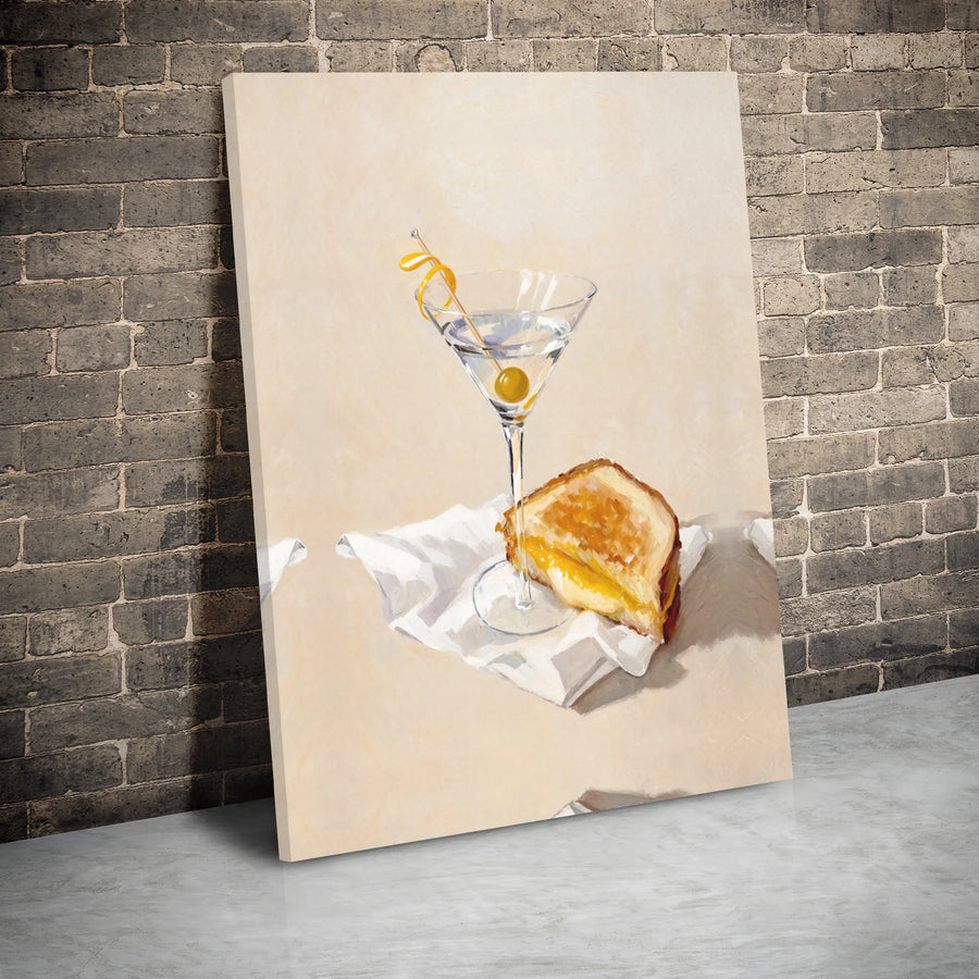 Martini and Grilled Cheese Canvas Print | Aesthetic Foodie Kitchen Wall Art | Premium Gallery Wrap Decor | Unique Gift for Bar Cart Enthusiasts
