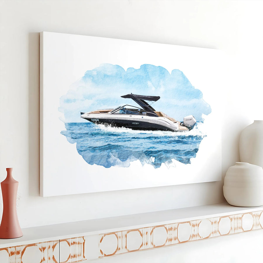 Powerboat Wall Art Canvas | Watercolor Motorboat Painting | Premium Gallery Wrapped Decor | Nautical Gift For Boating Enthusiasts