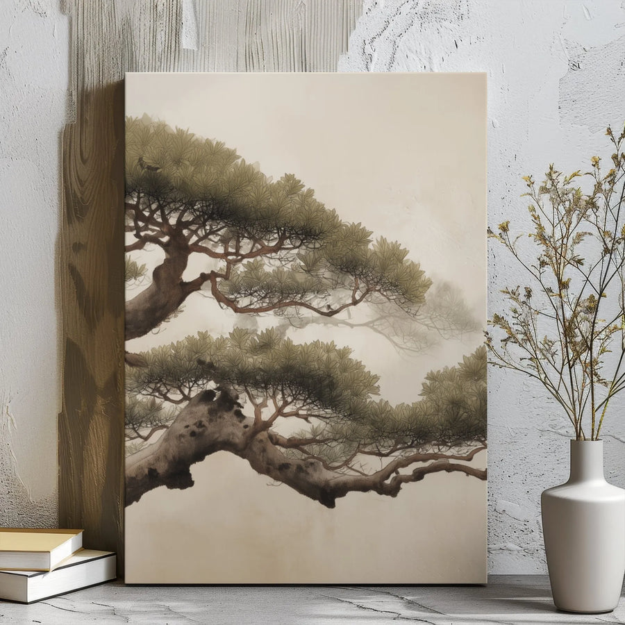 Japanese Pine Tree Canvas Wall Art | Misty Ink Wash Style Landscape | Premium Gallery Wrap Print | Zen Home Decor Gift for Minimalist