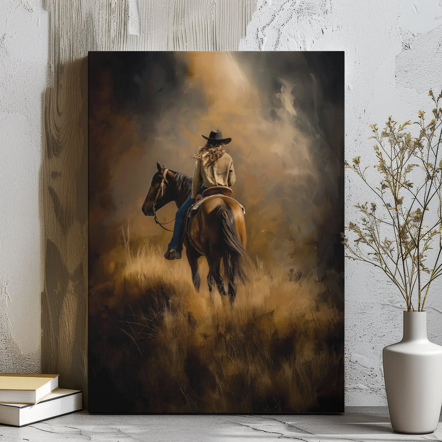 Western Cowgirl Canvas Wall Art | Rustic Horse Rider Oil Painting | 1.25 Inch Gallery Wrap | Country Home Decor Gift