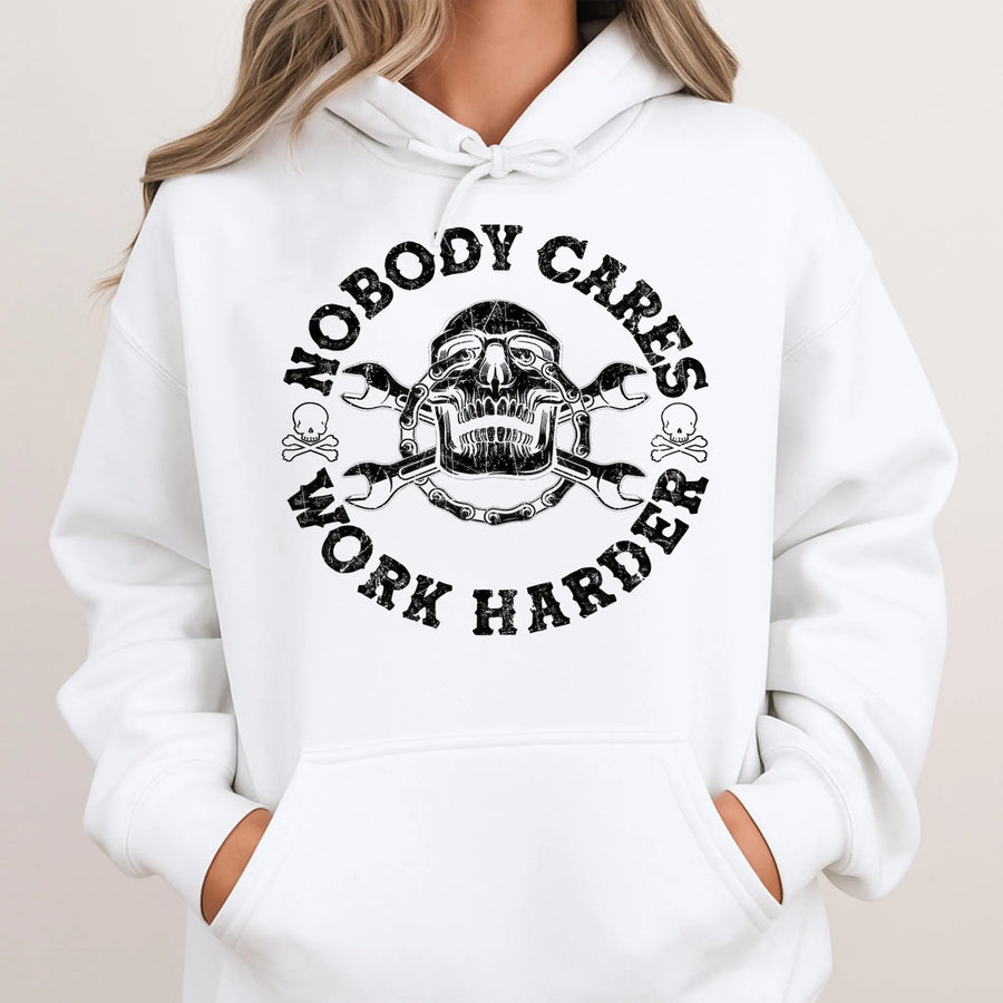 Nobody Cares Work Harder Hoodie | Grunge Skull Mechanic Design | Premium Cotton Blend | Motivational Streetwear Gift for Men