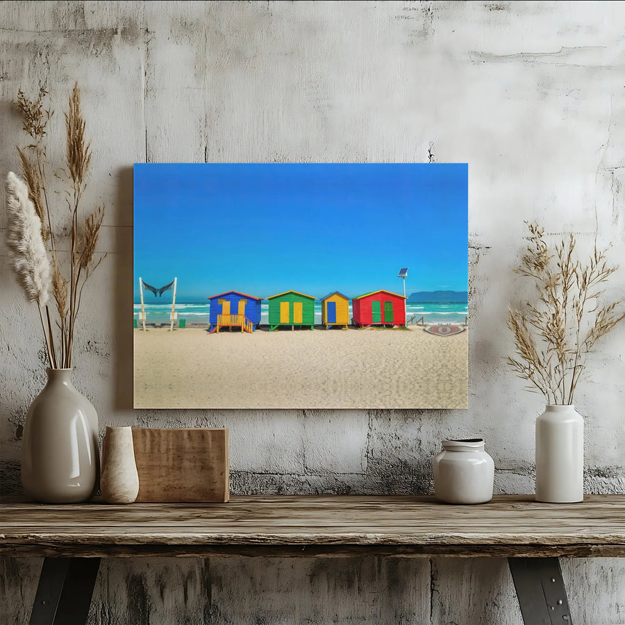Colorful Beach Huts Canvas Wall Art | Vibrant Coastal Seaside Landscape | Premium Gallery-Wrapped Print | Home Decor for Living Room