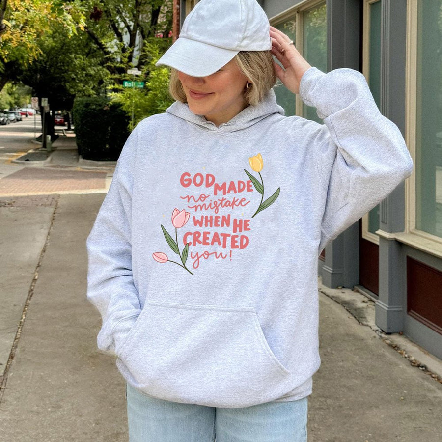 God Made No Mistake When He Created You Hoodie | Floral Christian Graphic Print | Premium Soft Cotton Blend | Religious Faith Gift For Women