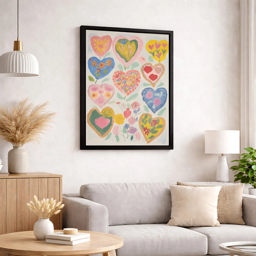 Floral Hearts Canvas Wall Art | Colorful Folk Art Painting | Premium Gallery Wrapped Print | Romantic Home Decor Gift