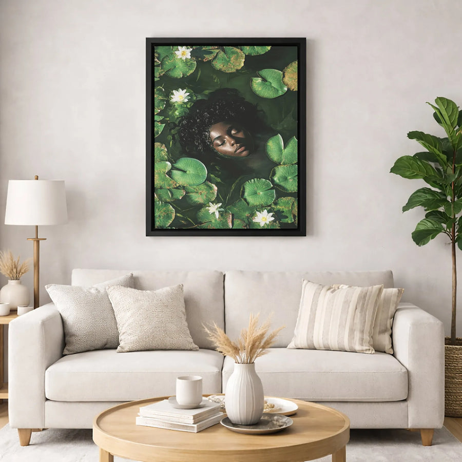 Black Woman Portrait Wall Art | Serene Water Lily Pond Nature Print | Gallery-Quality 1.25" Canvas | Premium Home Decor Gift for Her