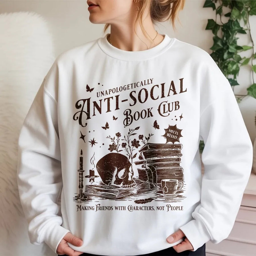 Anti-Social Book Club Sweatshirt | Dark Academia Skull & Books Design | Premium Cotton Blend | Gift for Readers and Introverted Book Lovers