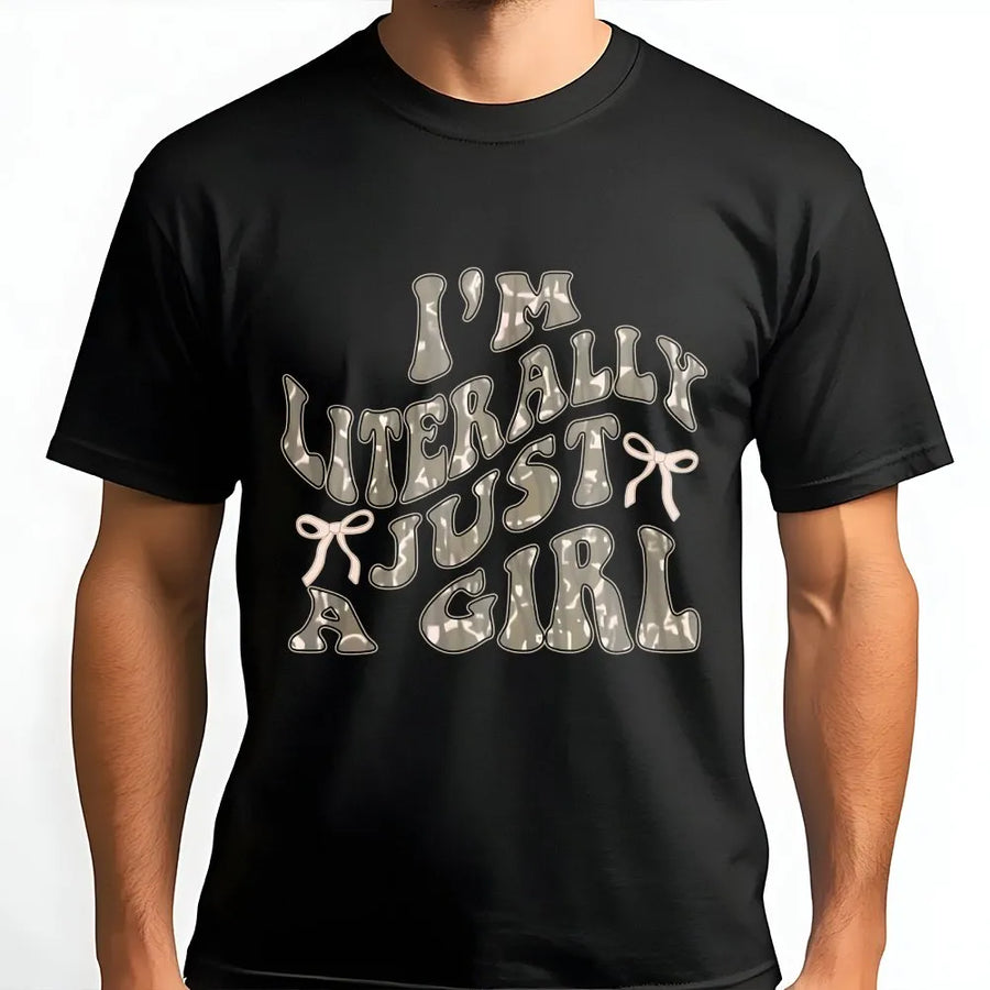 I'm Literally Just A Girl T-Shirt | Retro Camo Bow Graphic Tee | Premium Cotton Aesthetic Shirt | Funny Sarcastic Gift for Her