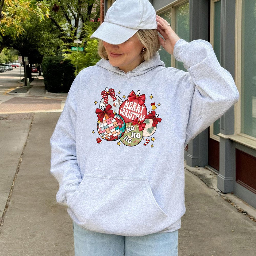 Retro Christmas Ornaments Hoodie | Disco Ball Bow Graphic Sweatshirt | Premium Cotton Blend | Trendy Holiday Gift For Her