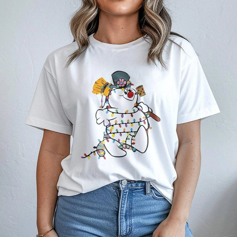 Snowman Christmas T-Shirt | Festive String Lights Graphic | Premium Cotton Unisex Tee | Cute Holiday Gift For Family And Friends