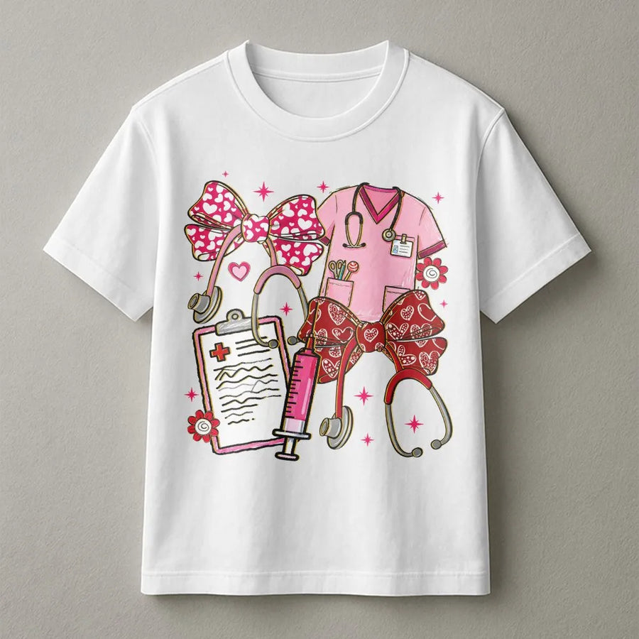 Nurse Valentine T-Shirt | Pink Coquette Medical Stethoscope Design | Premium Soft Cotton Tee | Cute Healthcare Worker Valentine Gift