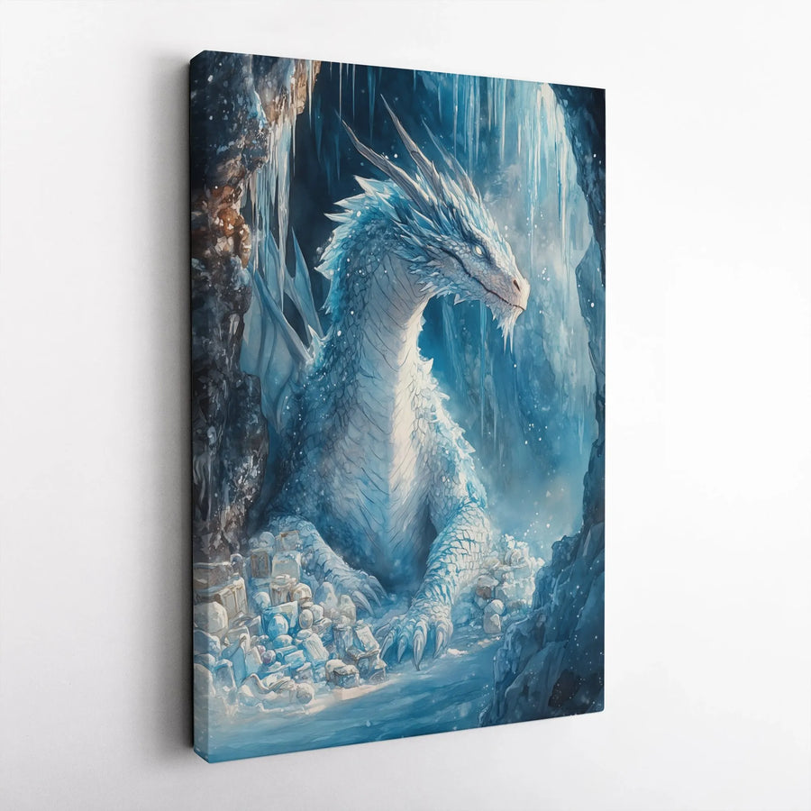 Ice Dragon Canvas Wall Art | Frozen Cave Fantasy Creature | Premium Gallery Wrap Print | Mythical Beast Decor for Fantasy Fans