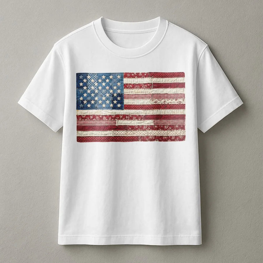 American Flag T-Shirt | Vintage Patchwork Graphic Pullover | Cozy Cotton Blend | Fourth of July Patriotic Gift for Men & Women