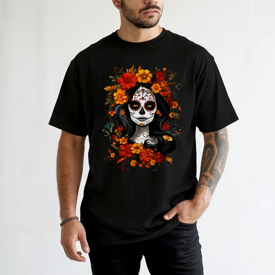 Day of the Dead Sugar Skull T-Shirt | La Catrina Floral Graphic Art | Premium 100% Cotton Unisex Tee | Dia de los Muertos Gift for Women and Men